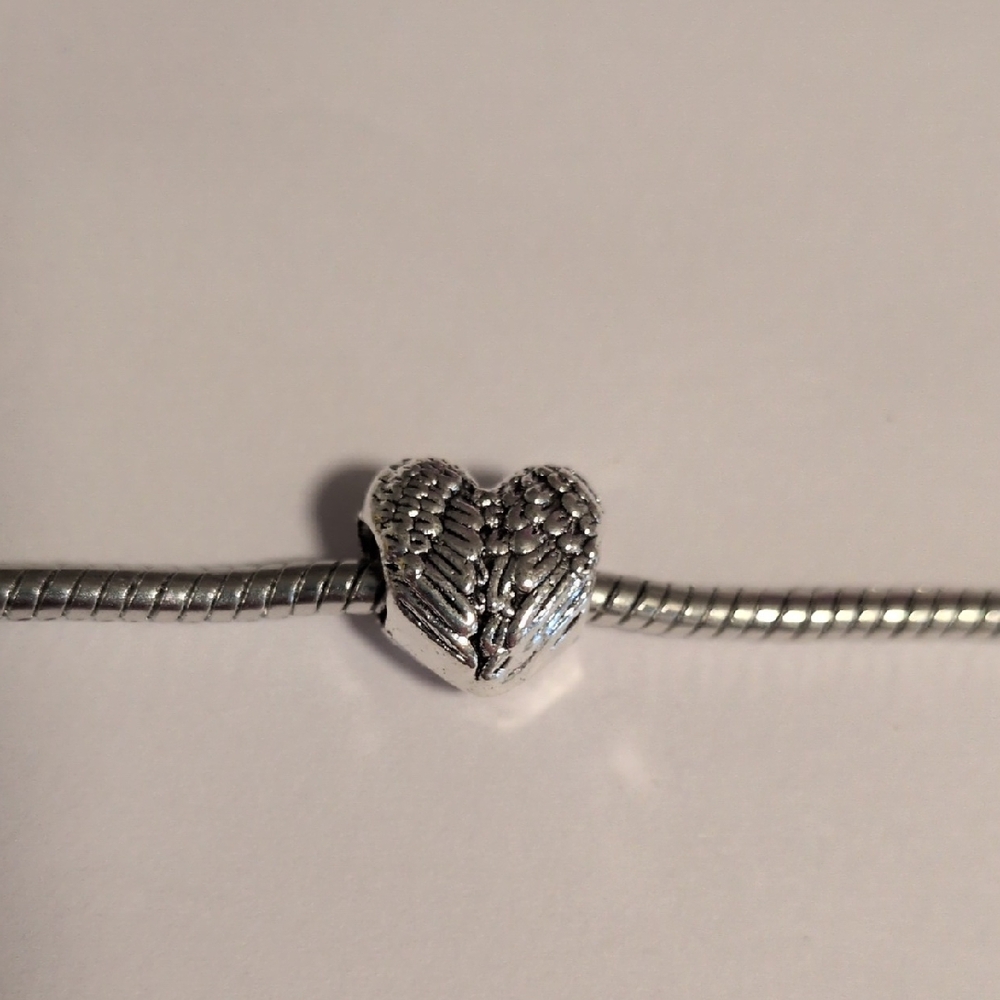 Silver Heart Feathered Wings Charm for Pandora Style Braceletโ